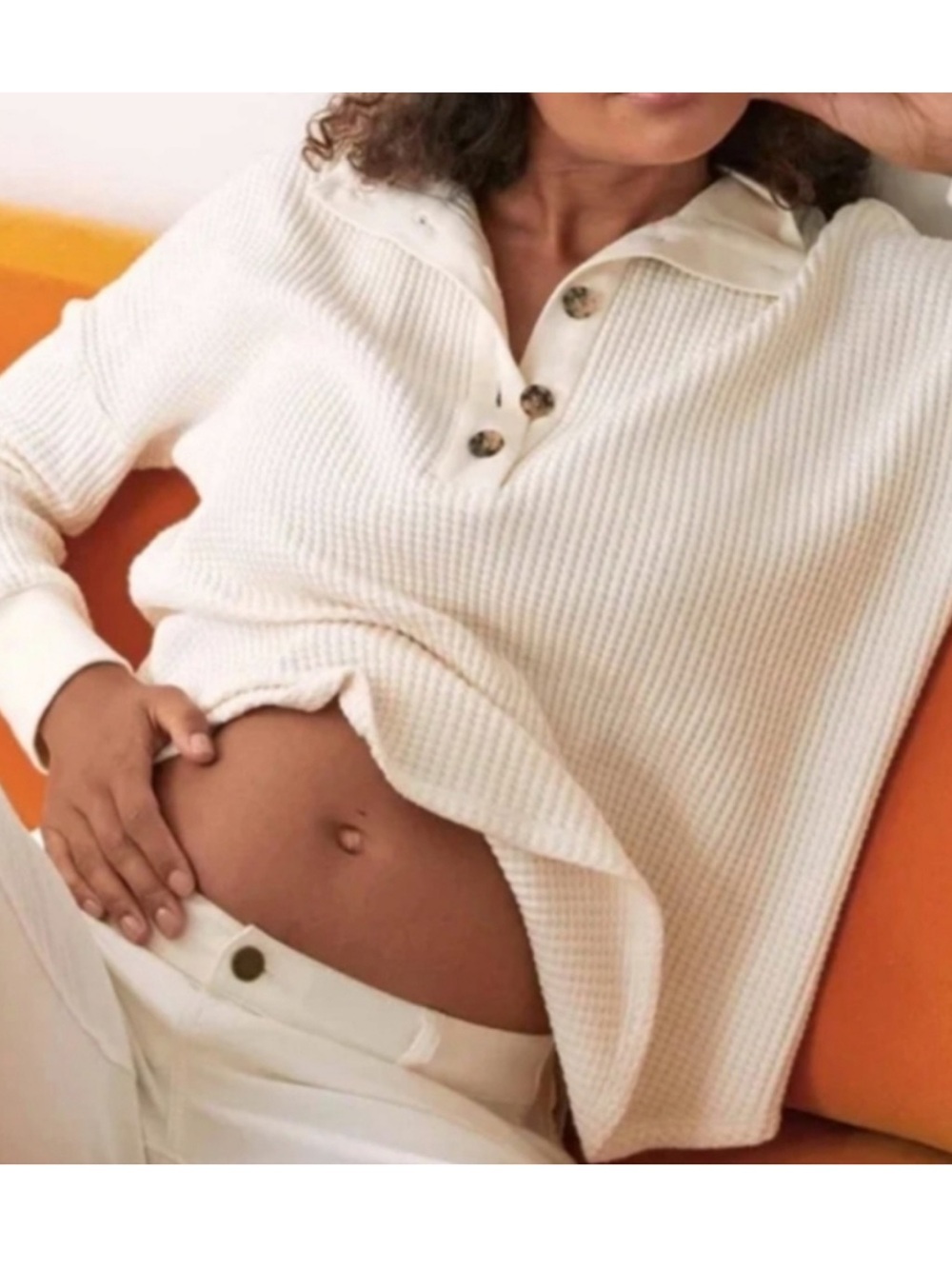 HATCH The Laurel Waffle Knit Ivory Long Sleeve Henley 0/ XS
